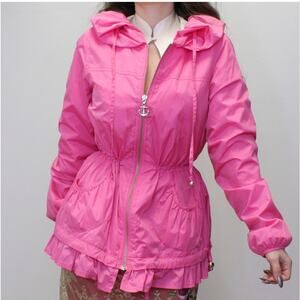 Betsey Johnson Hot Pink Ruffed Hem Windbreaker Anchor Pull Zipper & Bag Size S